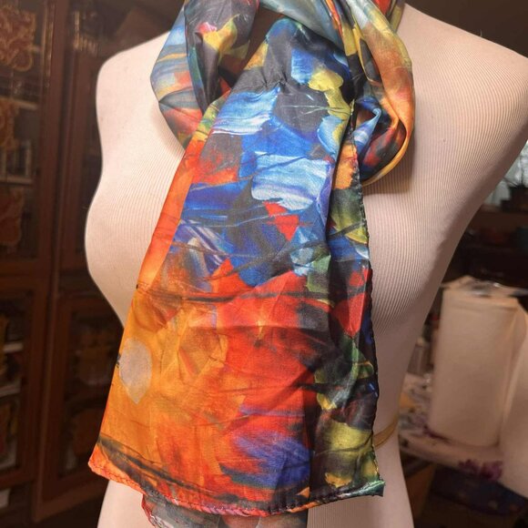 Abstract Art Scarf by Cleo – 2010s – Multicolor Silk Feel – Painterly Pattern - Picture 16 of 16